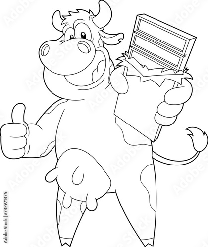 Outlined Cow Cartoon Character Presenting A Chocolate Bar And Giving The Thumbs Up. Vector Hand Drawn Illustration Isolated On Transparent Background