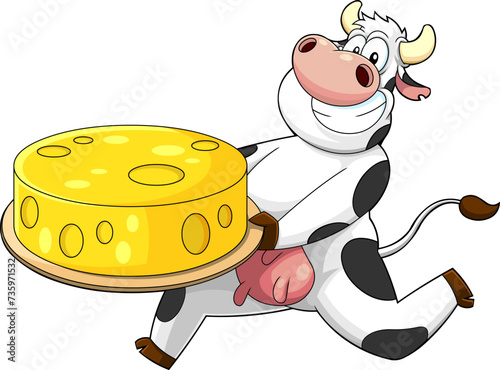 Smiling Cow Cartoon Character Running With Round Cheese. Vector Hand Drawn Illustration Isolated On Transparent Background