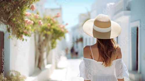 Fototapeta Naklejka Na Ścianę i Meble -  Happy tourist woman in white summer dress walks through the whitewashed streets