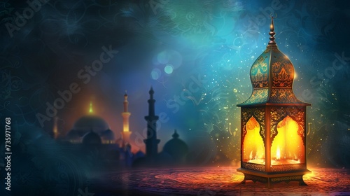 Hand holding a traditional Arabic lantern with a lit candle inside. Ramadan Kareem celebration card or invitation. © Ameer