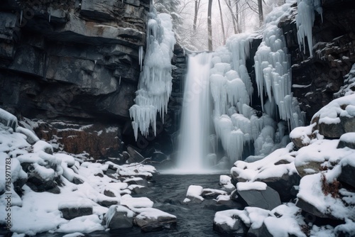 waterfall frozen in winter landscape. Frost and cold. Nature and weather.