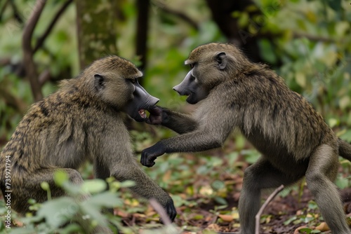 baboon sibling duo tussling on the forest floor