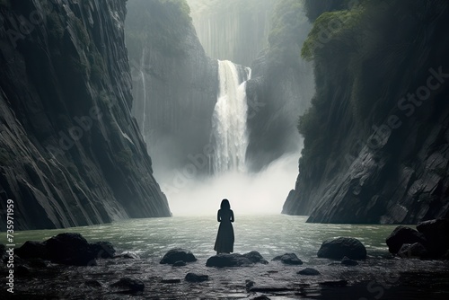 woman standing in front of waterfall in mountains and rocks tourist photo. Mysterious scene of female in harmony with nature solo traveling.