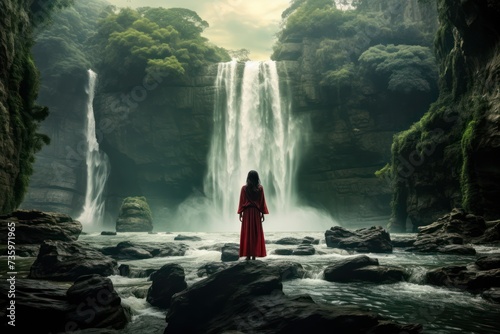 woman standing in front of waterfall in mountains and rocks tourist photo. Mysterious scene of female in harmony with nature solo traveling.
