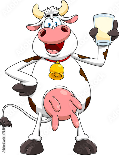 Happy Cow Cartoon Character Holding A Glass Of Milk. Vector Hand Drawn Illustration Isolated On Transparent Background