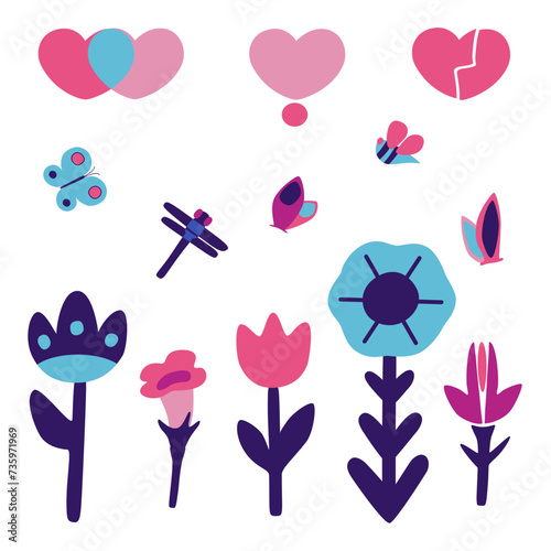 Spring set of vector illustrations. Elements for design of cards, congratulations, invitations. Love, hearts, flowers and insects. Flat, minimalistic. Isolated objects on a white background