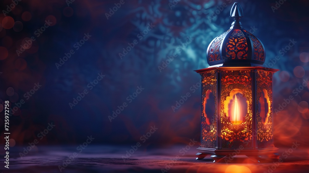 Ramadan Kareem greeting card with glowing Arabic lantern and candle at night with copy space Ramadan Kareem greeting card with glowing Arabic lantern and candle at night with copy space