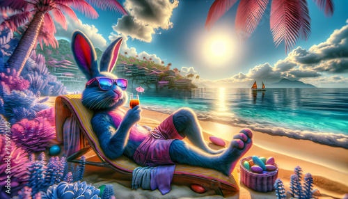 A Bunny with Sunglasses on a Sandy Beach photo
