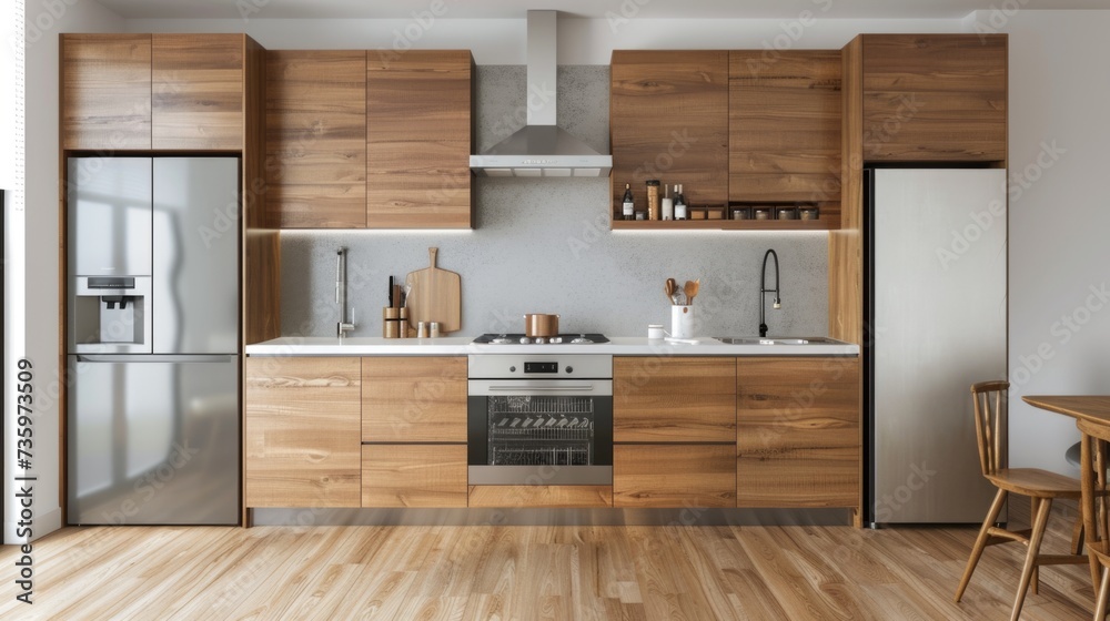 Modern kitchen interior with wooden cabinets and stainless steel appliances. - obrazy, fototapety, plakaty 