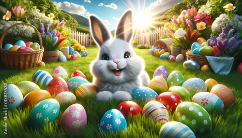 A cheerful Easter bunny surrounded by a multitude of colorful Easter eggs. The setting is a vibrant spring meadow with flowers blooming 2 all around photo