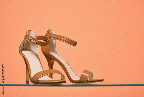 Brown leather heeled sandals. Summer fashion style. Copy space for text.