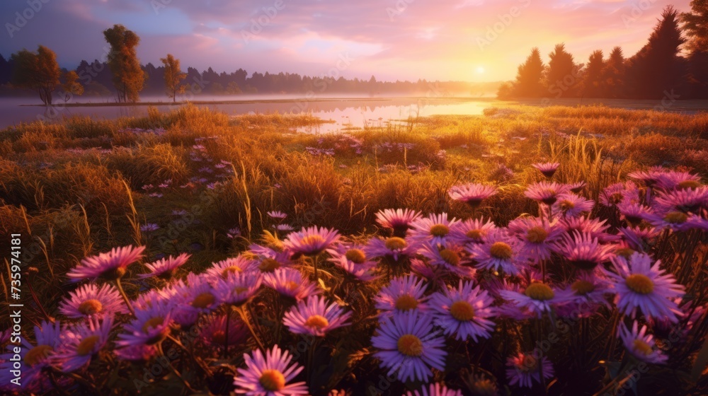 landscape view of sunrise in a aster field