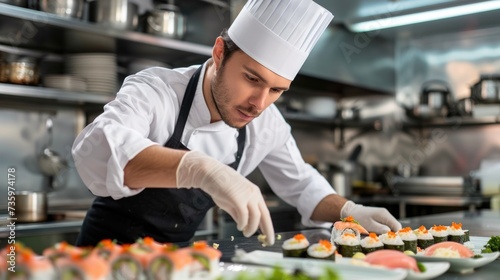 Focused chef finishing sushi dish in professional kitchen.