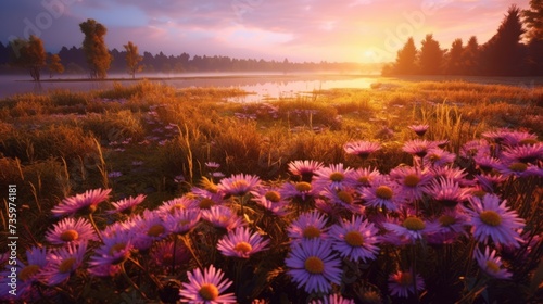 landscape view of sunrise in a aster field