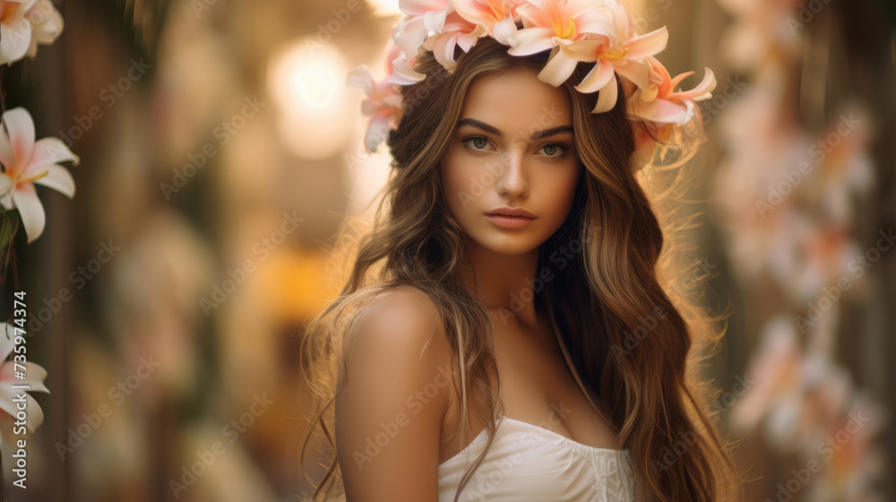 Beautiful girl in a wreath of Plumerias against a background of blurred palm trees