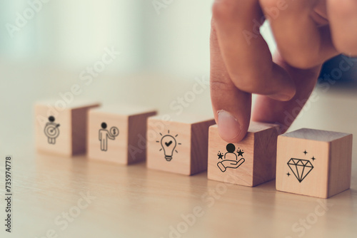 Competitive advantage concept.  Developing product, service or process that superior in terms of quality, cost, innovation  or efficiency. Attract customers, increase market share, success industry.