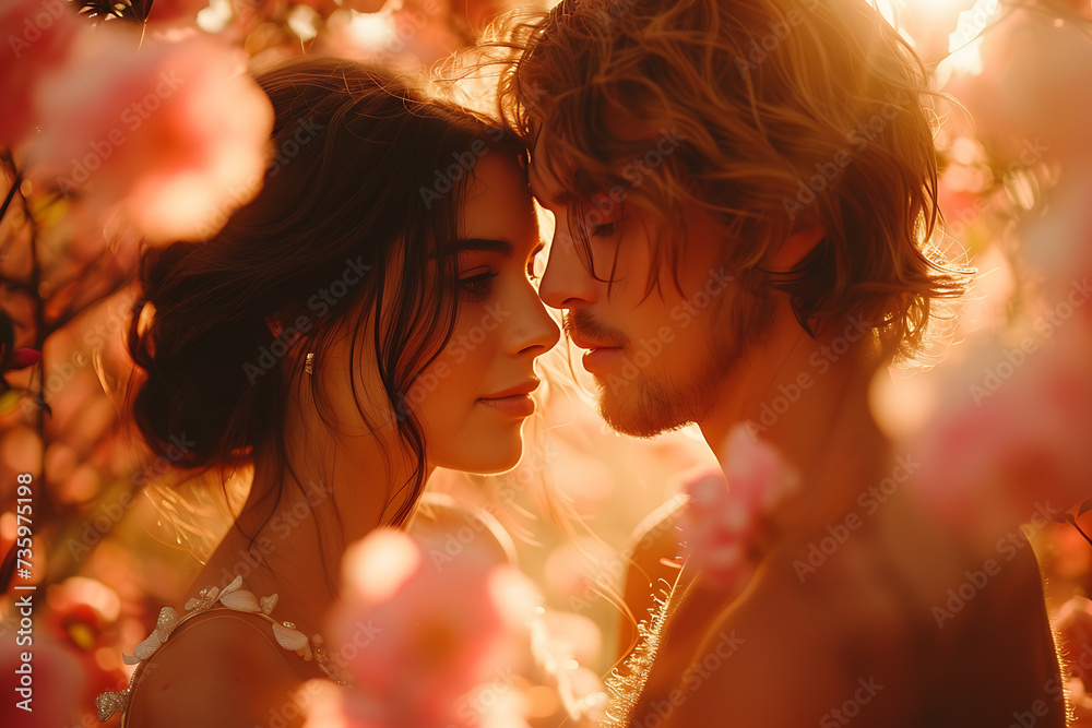 Ethereal Union, A Couple's Embrace in a Blooming Garden Sanctuary Ethereal Union, A Couple's Embrace in a Blooming Garden Sanctuary