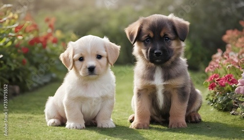 Photo of 2 little puppies sitting on a beautiful garden.