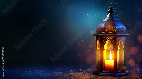 Ramadan Kareem greeting card with glowing Arabic lantern and candle at night with copy space © Ameer