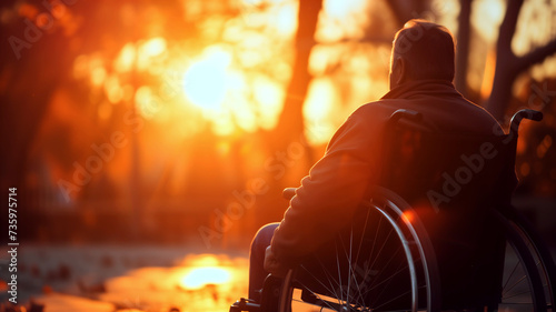 Person in wheelchair at sunset, representing accessibility, mobility, aging, independence and contemplation.