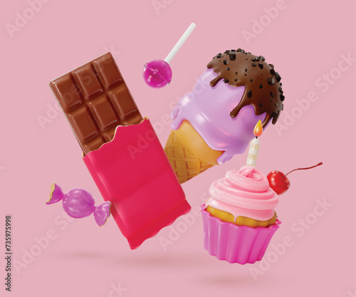 3d Floating Sweet Dessert Food Concept Cartoon Style Include of Candy, Cupcake, Ice Cream and Chocolate. Vector illustration