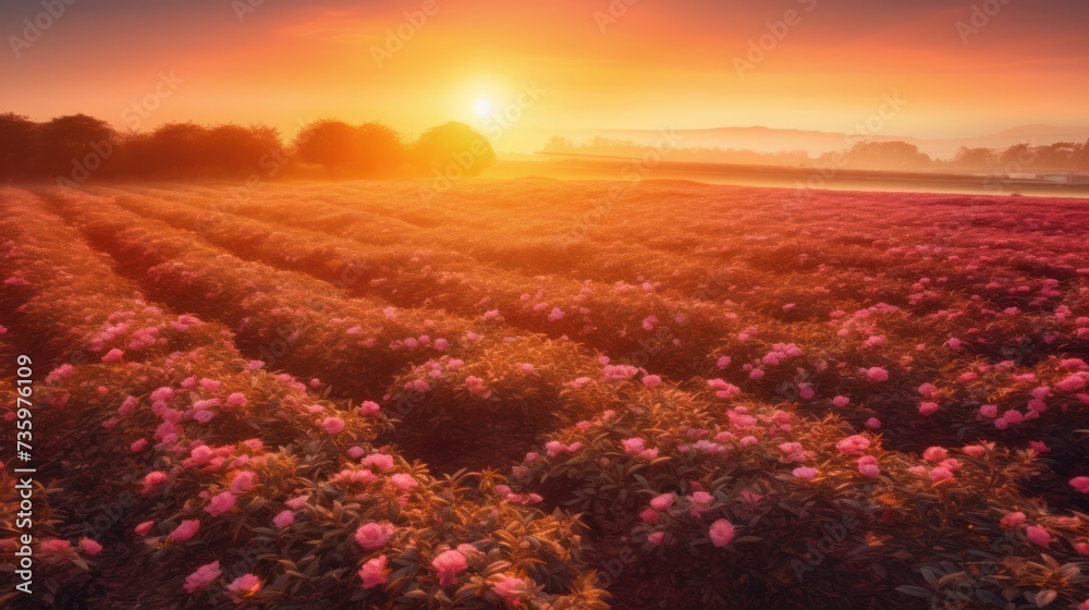 landscape view of sunrise in a camellia field