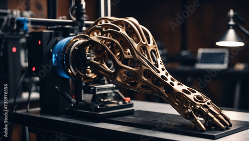 In laboratory, prosthetic arm emerges from 3D printer, symbol of advanced technology. Nearby is workplace of creator of prototype of human prosthetic arm. Demonstrating potential of 3D printing