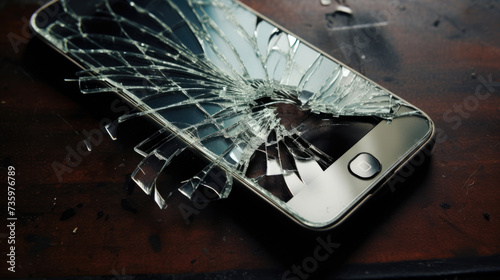 Smartphone with broken screen on dark background photo
