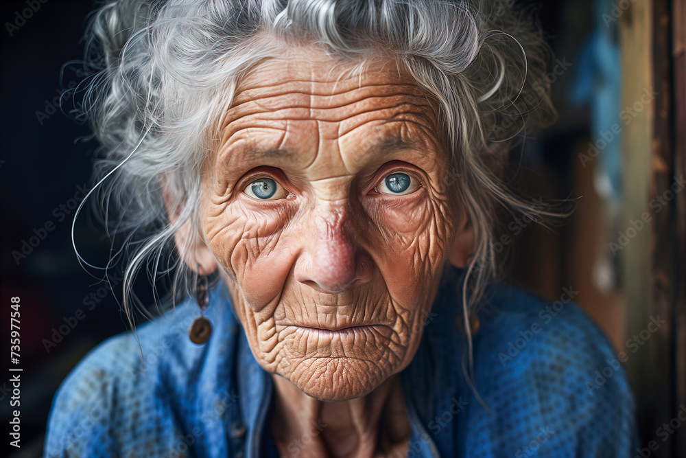 Close-up portrait of an elderly woman with blue eyes.