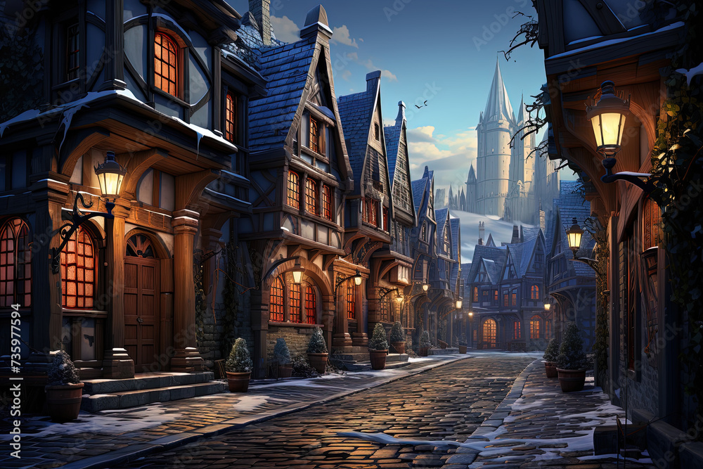 Artistic rendering of a quaint medieval village covered in snow, with cobblestone streets glowing under the gentle twilight, inviting a sense of magical winter wonder.