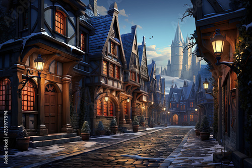 Artistic rendering of a quaint medieval village covered in snow, with cobblestone streets glowing under the gentle twilight, inviting a sense of magical winter wonder.
