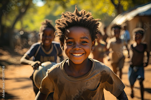 Group of exuberant young african children sprint along a rustic dirt road in high spirits, their laughter echoing through the air.