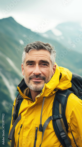 Old Caucasian man smiling while hiking on a mountain. Generative AI.