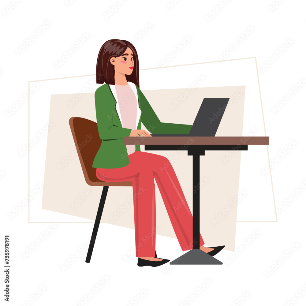 Pretty young woman in a green suit sitting at the desk, working seamlessly from her laptop Pretty young woman in a green suit sitting at the desk, working seamlessly from her laptop