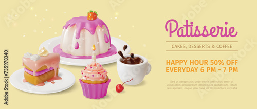 3d Patisserie Cakes Desserts and Coffee Ads Banner Concept Poster Card Panna Cotta, Piece Cake and Muffin. Vector illustration