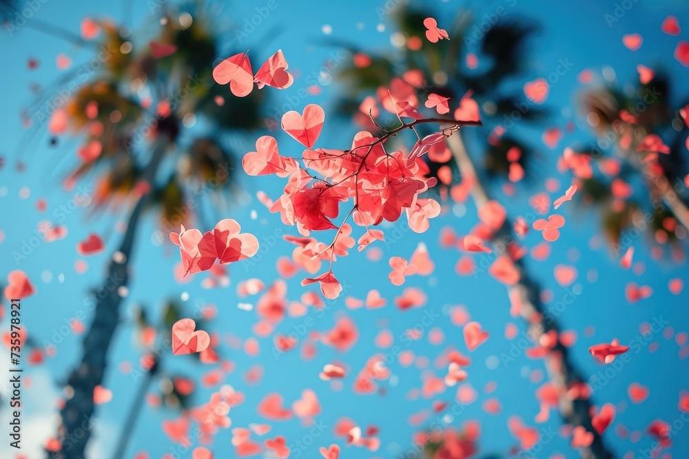 heart shaped confetti falling from a bright blue sky professional photography background