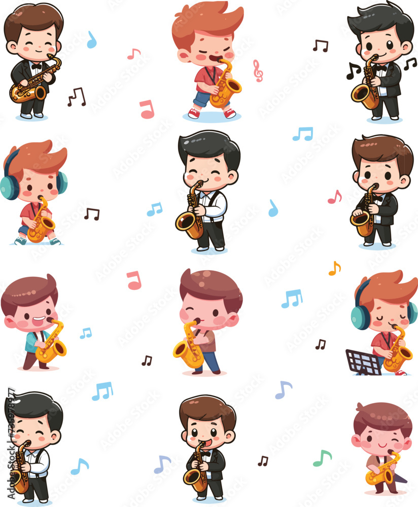 Little cute boy playing a saxophone vector set Little cute boy playing a saxophone vector set