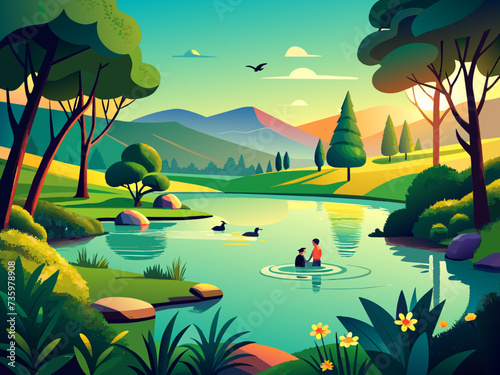 A tranquil pond with a family of ducks swimming lazily beneath the surface. vektor illustation