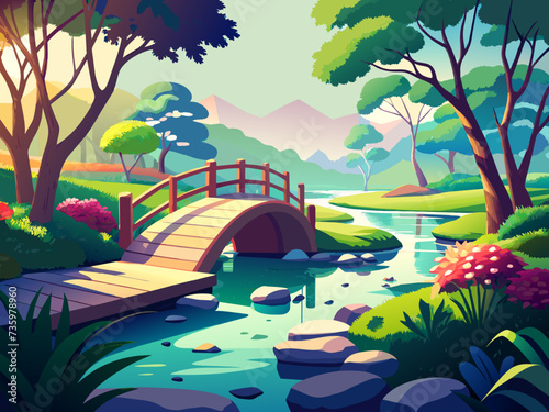 A tranquil garden with a babbling brook and stone footbridge. vektor illustation