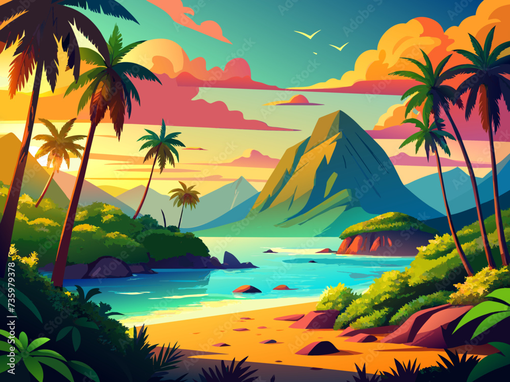 A lush tropical island paradise with palm trees swaying in the breeze. vektor illustation