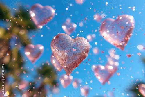 heart shaped confetti falling from a bright blue sky professional photography background