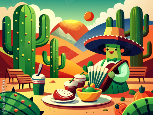 A whimsical scene of a cactus playing the accordion alongside a plate of enchiladas. vektor illustation