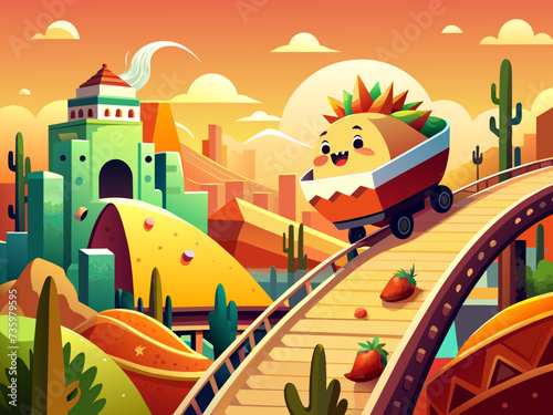 A whimsical scene of a taco and a burrito riding a roller coaster made of hot sauce. vektor illustation