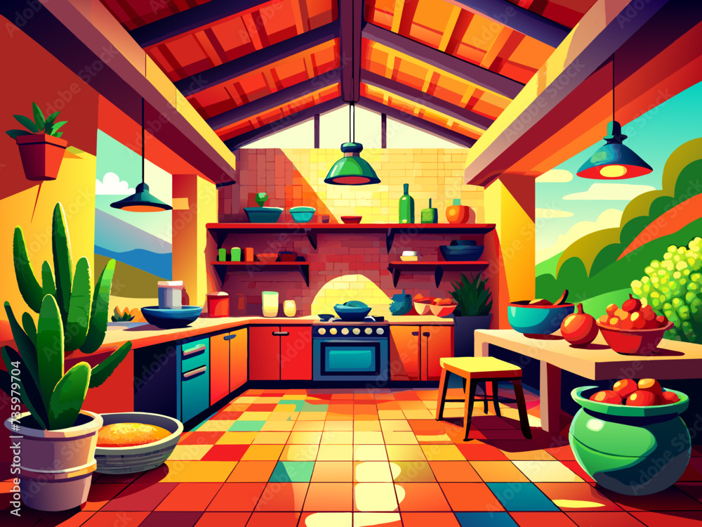 A vibrant illustration of a Mexican kitchen with pots bubbling over with delicious dishes. vektor illustation