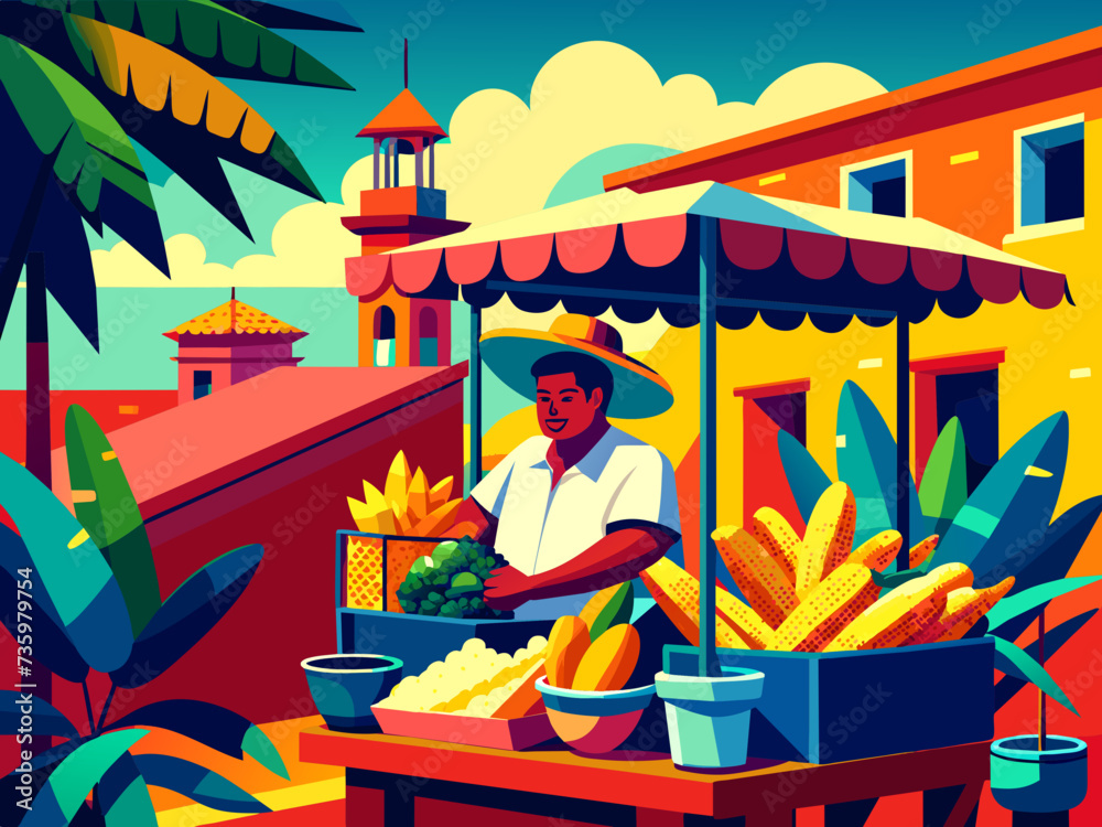 Φωτογραφία A colorful illustration of a Mexican street vendor selling elote corn on the cob