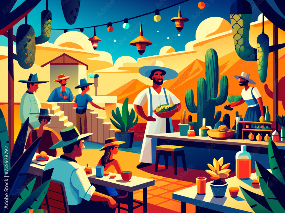 Fotografie A lively illustration of a Mexican cantina with patrons enjoying tacos and margaritas