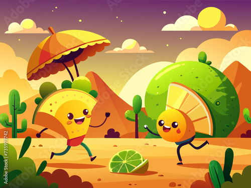 A playful scene of a taco and a burrito playing a game of volleyball with a lime. vektor illustation