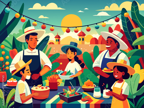 A cheerful depiction of a Mexican food festival with vendors serving up tacos and tamales. vektor illustation