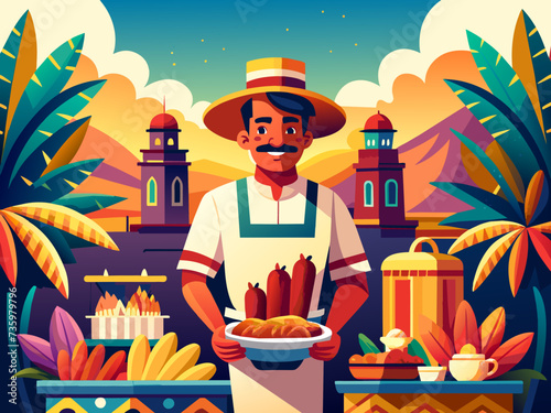 A festive depiction of a Mexican street vendor selling churros and chocolate. vektor illustation