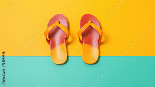 Colored flip-flops on a bright colored background. Summer banner